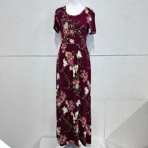 DB Moon M Maxi Jersey Dress Burgundy Short Sleeve Dark Floral Cottagecore Boho